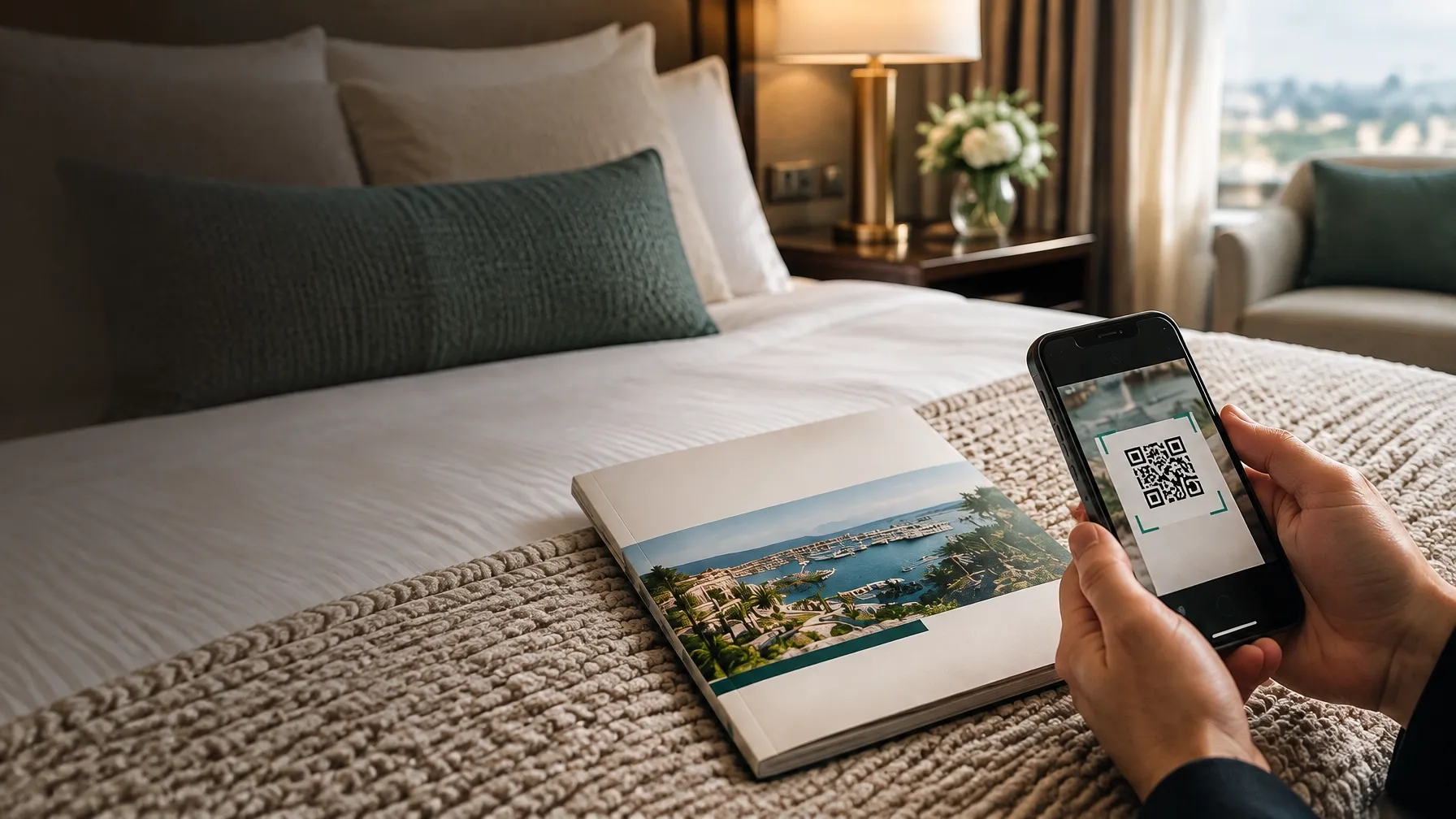 A hotel guest using a QR code beside a printed guest directory